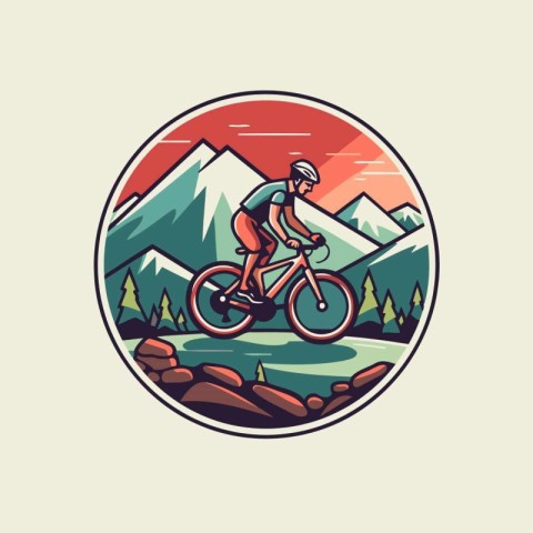 Mountain biker riding a bike in the mountains. Vector illustrati