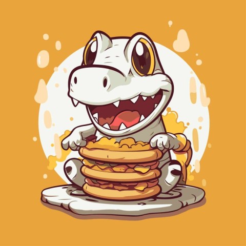 Funny cartoon hippo with stack of pancakes. Vector illustration.