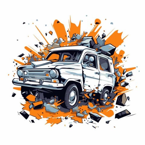 Vector illustration of an off-road vehicle in explosion. Grunge