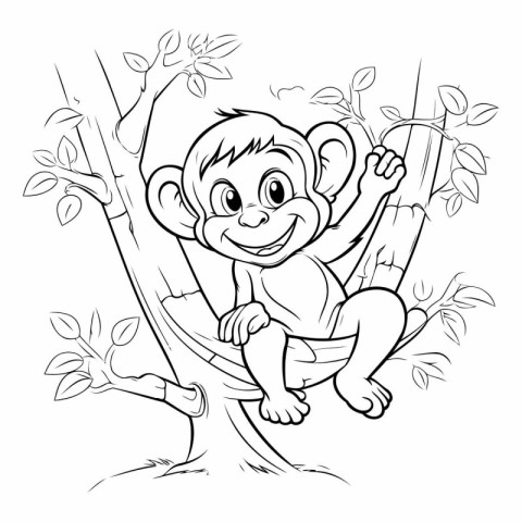 Monkey sitting on a tree. Vector illustration for coloring book.