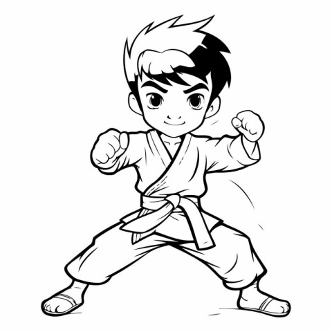 Karate Boy - Black and White Cartoon Mascot Illustration