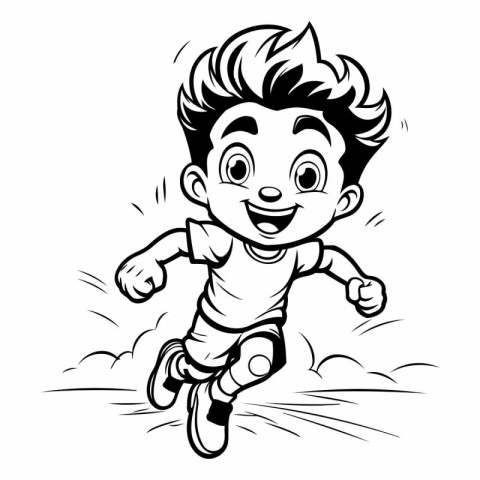 Running Boy - Black and White Cartoon Illustration. Vector Clip