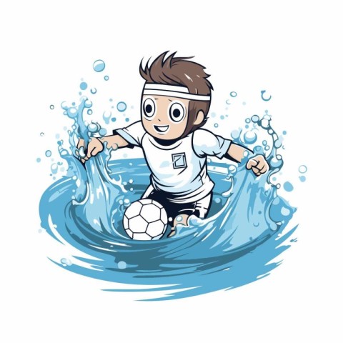 Cartoon soccer player with ball in water. Vector illustration on