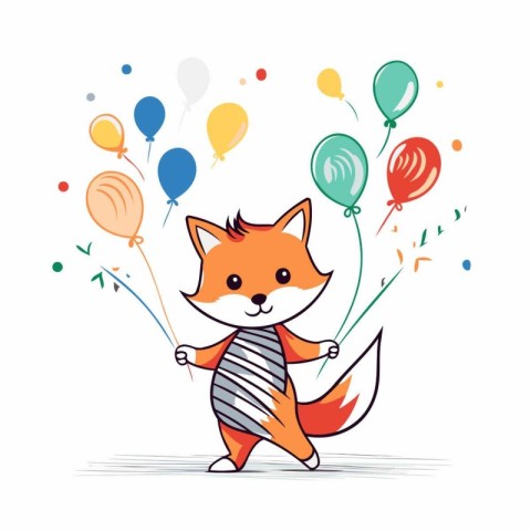 Cute fox with colorful balloons on white background. Vector illu