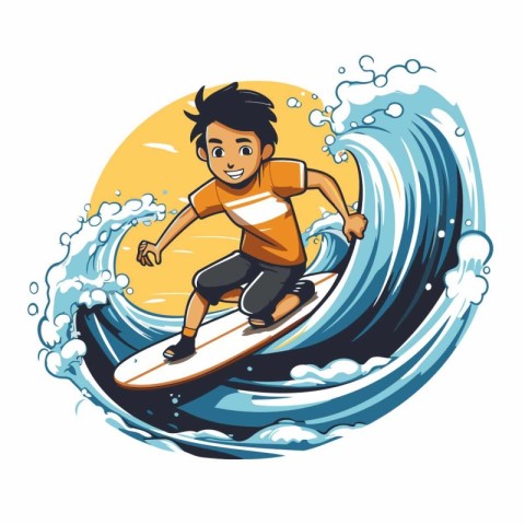 Surfer boy surfing in the waves. Vector illustration isolated on