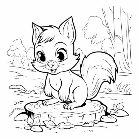 Cute squirrel sitting on a stump. Vector illustration for colori