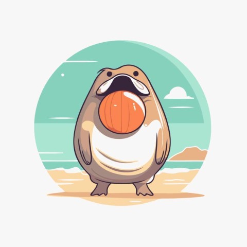 Cute cartoon penguin on the seashore. Vector illustration.