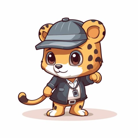 Cute cartoon leopard in a jacket and cap. Vector illustration