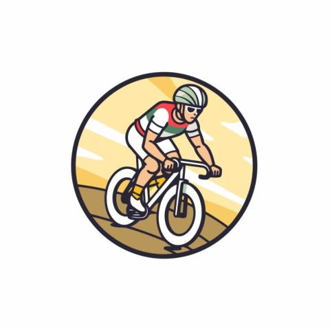 Mountain biker cycling round icon. Vector illustration in retro