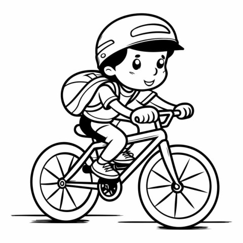 Cyclist - Black and White Cartoon Illustration of Kid Riding Bik