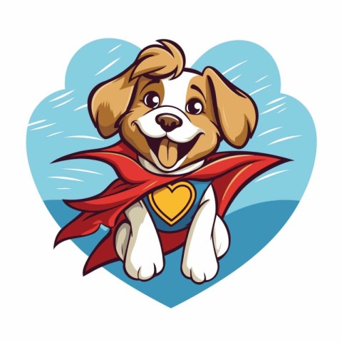 Cute puppy dog superhero with red cape and heart. Vector illustr