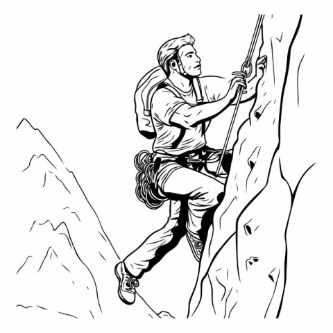 Mountaineer climbing on a cliff. Vector illustration ready for v