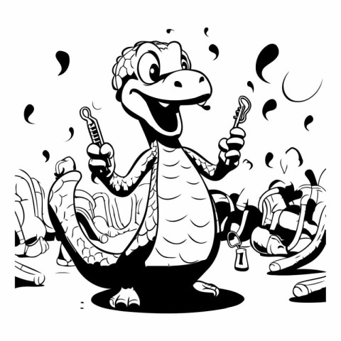 Crocodile in black and white. Cartoon crocodile vector illustrat