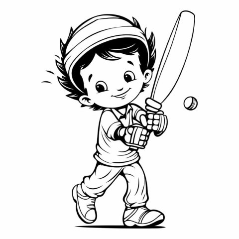 Cricket Player - Black and White Cartoon Illustration. Vector