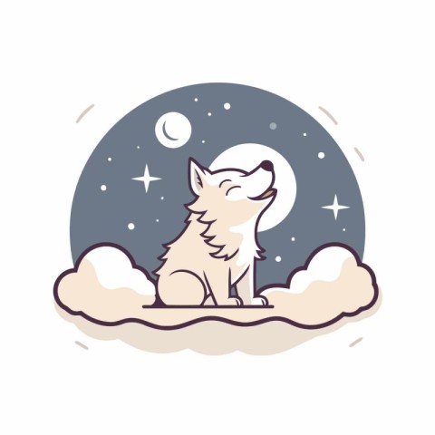 Cute wolf sitting on the cloud with moon and stars. Vector illus