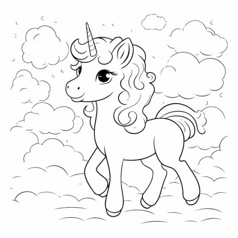 Unicorn in the clouds. Coloring book for children. Vector illust