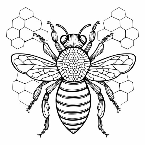 Bee and honeycomb. Black and white vector illustration for color