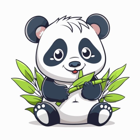 Cute cartoon panda sitting on green leaves. Vector illustration.