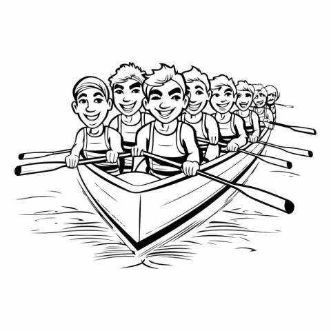 black and white illustration of a rowing team with rowing boat