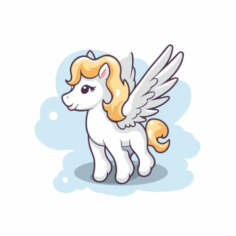 Cute cartoon white pony with wings isolated on white background.