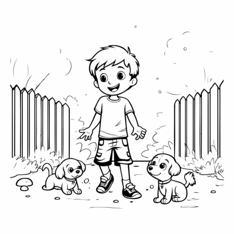 Boy playing with his dogs. Black and white vector illustration f