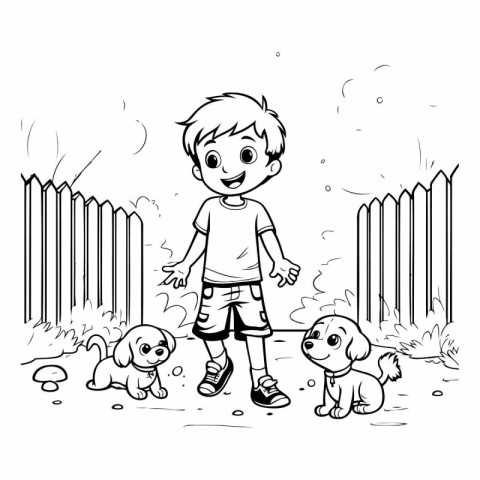 Boy playing with his dogs. Black and white vector illustration f