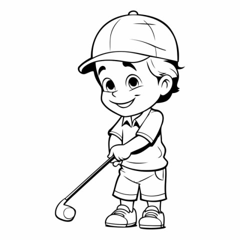 Illustration of a Cute Little Boy Playing Golf - Coloring Book