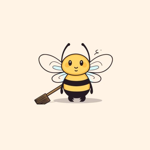 Cute cartoon bee with a broom. Vector illustration isolated on w