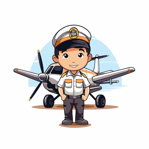 Cute boy pilot with airplane over white background. Vector illus