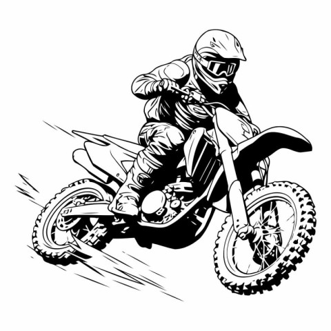 Motocross rider on a motorcycle. Black and white vector illustra