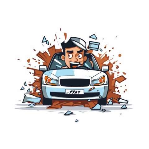 Cartoon driver with broken car. Vector illustration on white bac