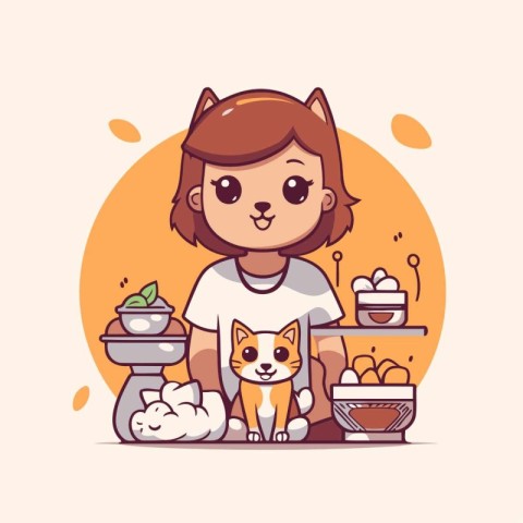 Cute little girl with a cat. Vector illustration in cartoon styl