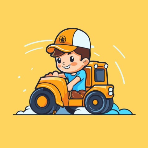 Cartoon boy playing with toy tractor. Vector illustration in fla