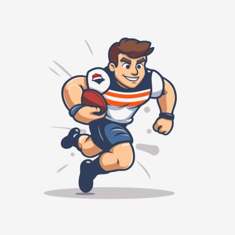 Rugby player running with ball. Vector illustration in cartoon s