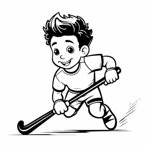 Cartoon hockey player with a stick and puck. Vector illustration