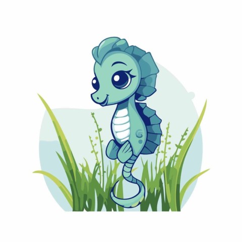 Cute cartoon seahorse in the grass. Vector illustration.