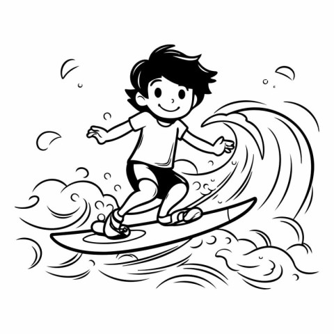 Boy surfing on a wave. black and white vector illustration for c