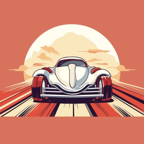 Retro car on the road at sunset. Retro car. Vector illustration.