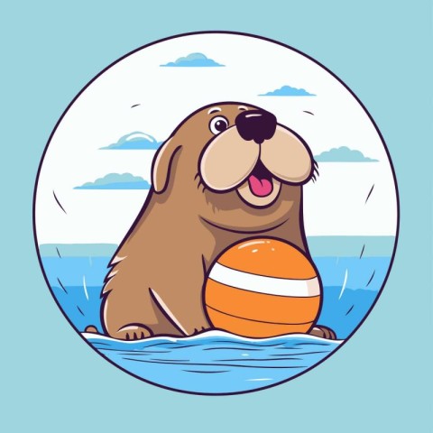 Cute dog with a ball on the beach. Vector illustration.