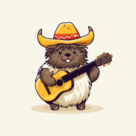 Cute Pomeranian dog in sombrero with guitar. Vector illustration