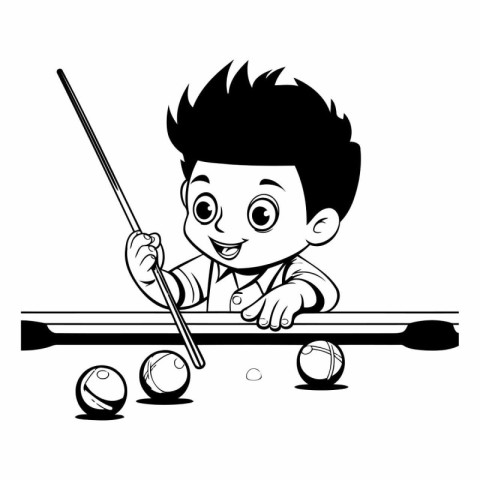 Cartoon boy playing billiards. Black and white vector illustrati