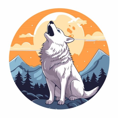 Vector illustration of a wolf sitting on a rock in the mountains