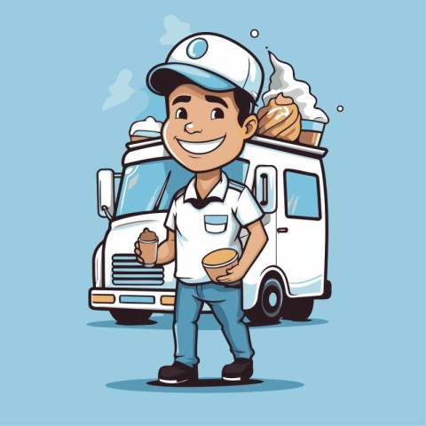 Smiling delivery man with ice cream truck. Vector illustration i