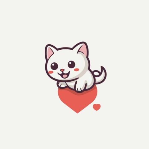 Cute white cat with red heart. Valentines day vector illustratio