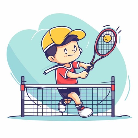 Cartoon boy playing tennis. Vector illustration of a boy playing