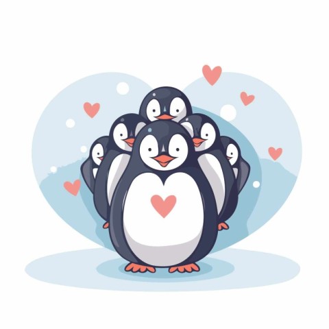 Cute penguins with hearts. Valentines day vector illustration.