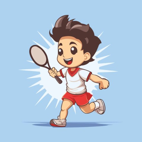 Cartoon boy playing badminton. Vector illustration on blue backg