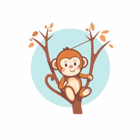 Cute cartoon monkey sitting on a tree branch. Vector illustratio