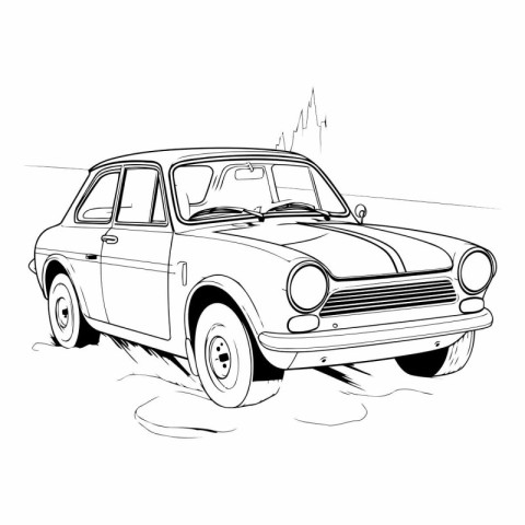 Retro car on the road. Hand drawing. Vector illustration.