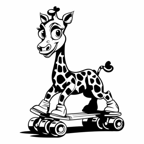 Giraffe on roller skates. Black and white vector illustration.